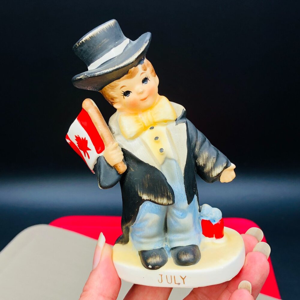 Vintage LEFTON ESD July Birthday Month Boy Figurine: Canada Flag, Top Hat - RARE